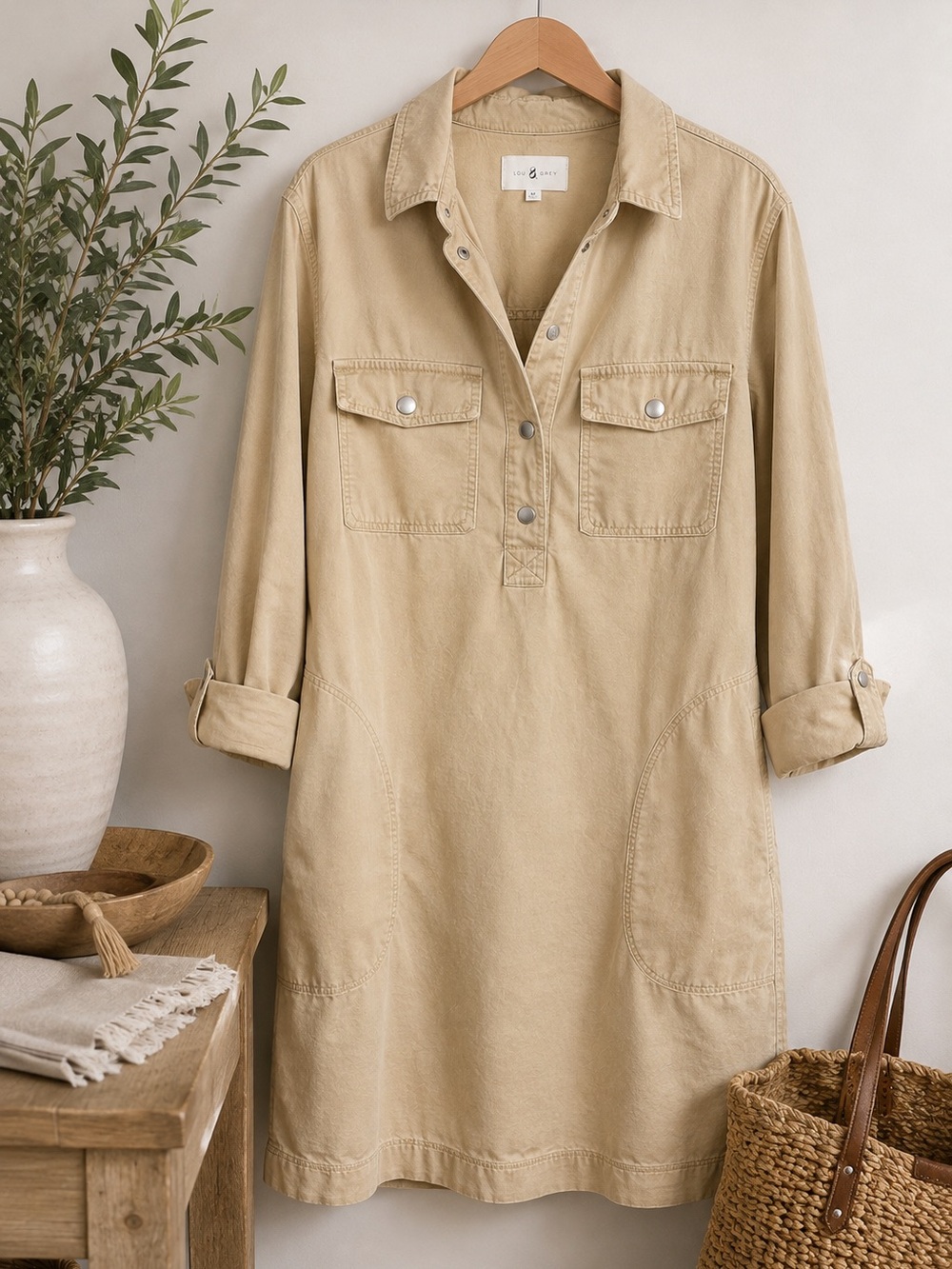 Lou & Grey Tencel Utility Shirt Dress Medium Tan Khaki Safari Pocket Tunic